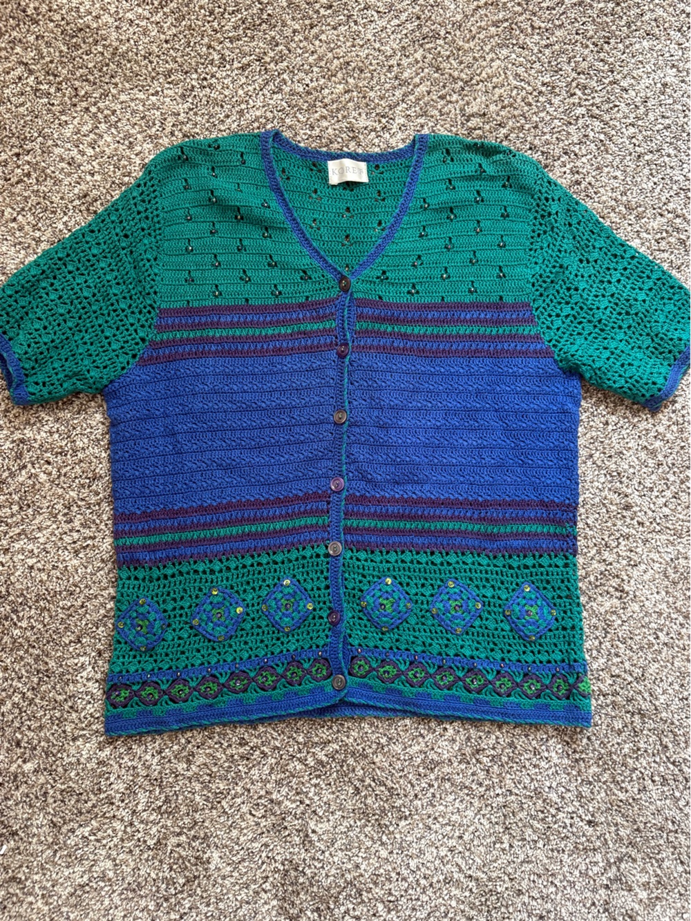 Koret Teal and Royal Blue Crochet Button-Front Cardigan